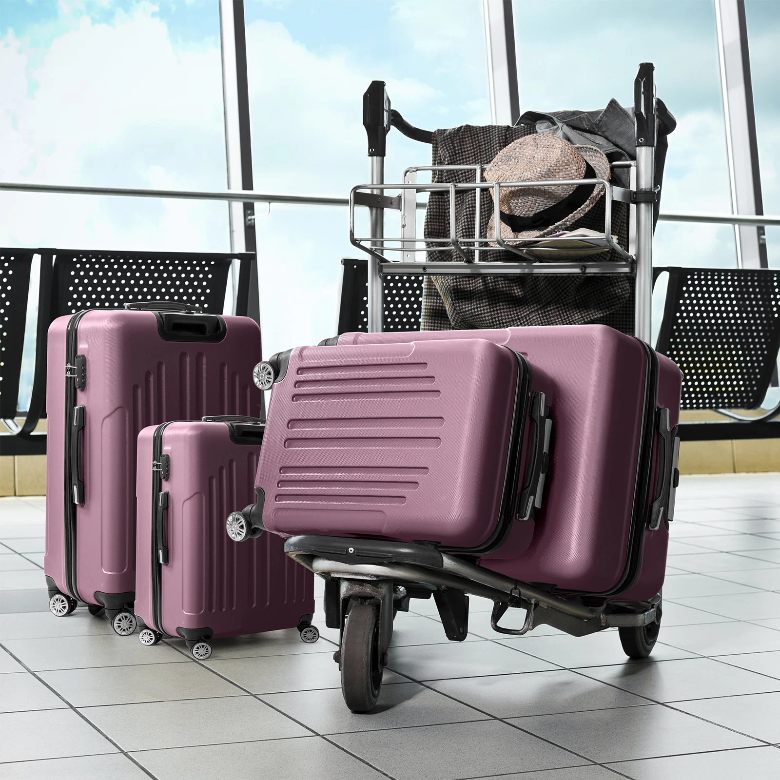

Arc vertical stripe four-in-one, trolley case 16in 20in 24in 28in ABS aluminum alloy trolley, retro color - violet N101