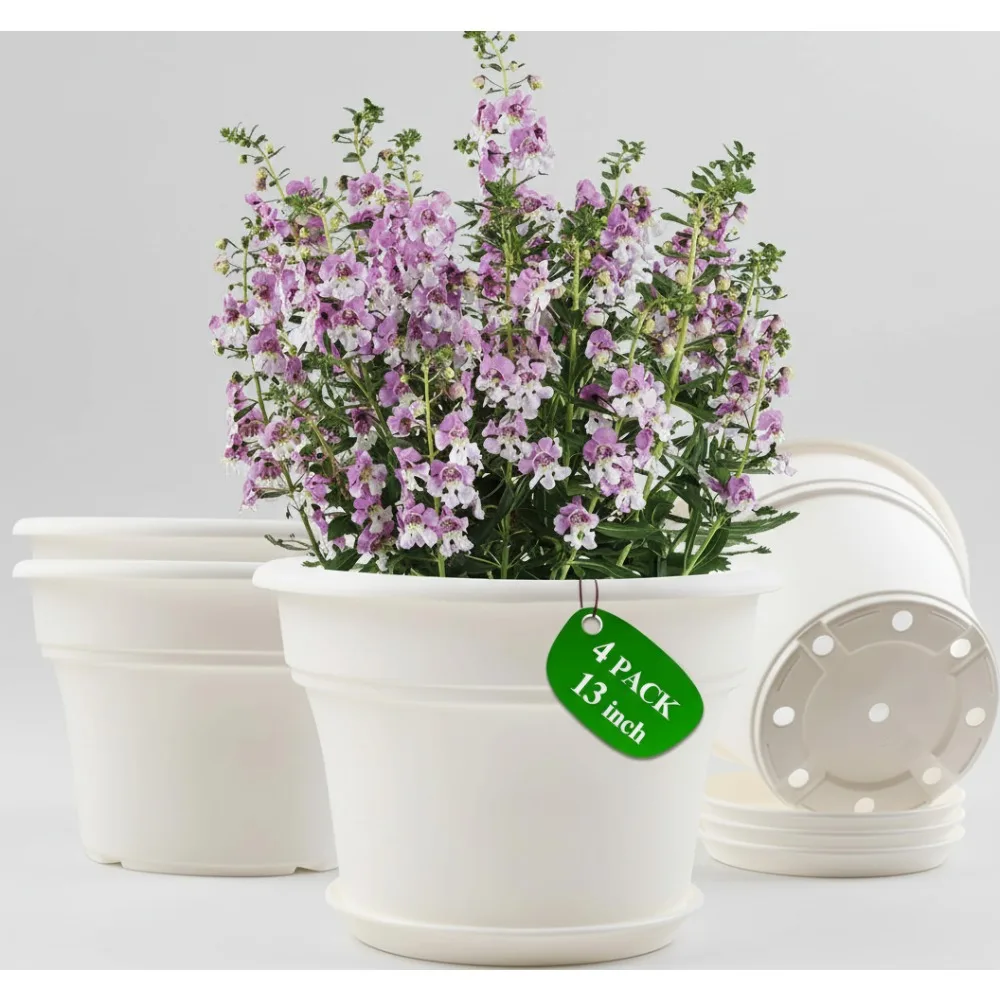 

13 Inch Plastic Flower Pot for Indoor Plants, 4 Pack Large Outdoor Planter with Drainage Holes & Saucers, Resin Garden Decor