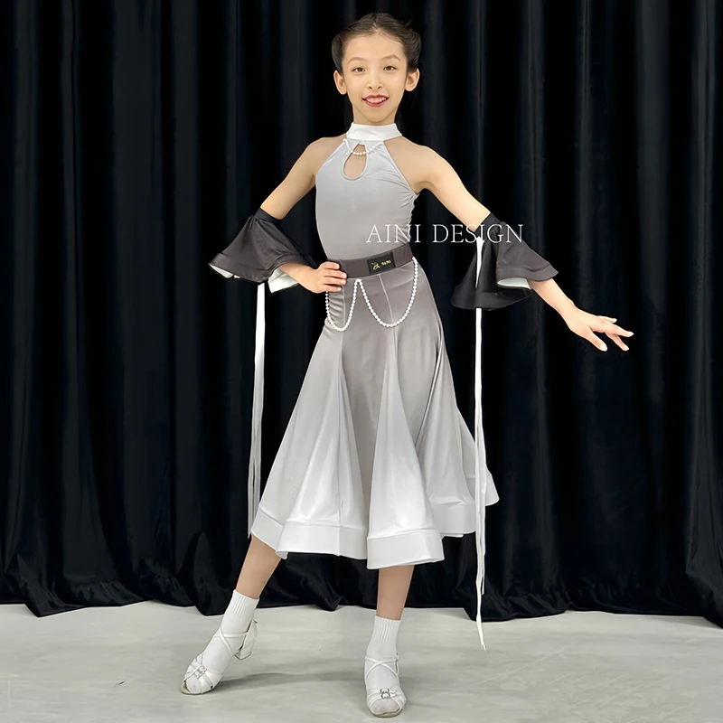 

Girls Ballroom Dance Performance Clothes Pearl Chain Competition Dress Sets Kids Waltz Dance Dress Latin Dance Costume BL13351