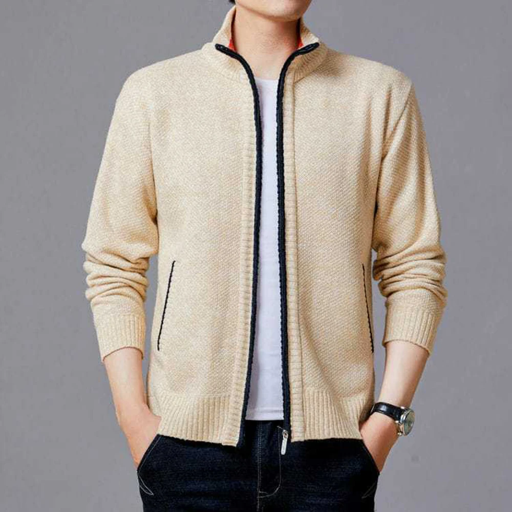 

Stand Collar Splice Thickened Knitted Sweater Men's Autumn Winter Large Size Fashion Casual Open Cardigan Zip Jacket Outerwear
