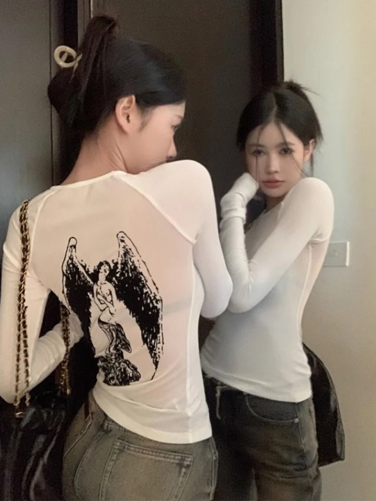 See Through Sexy Gothic Tshirts Y2k Aesthetic Angel Gauze Print Crop Top Women Tees Casual Grunge Harajuku Slim T-shirt Femme