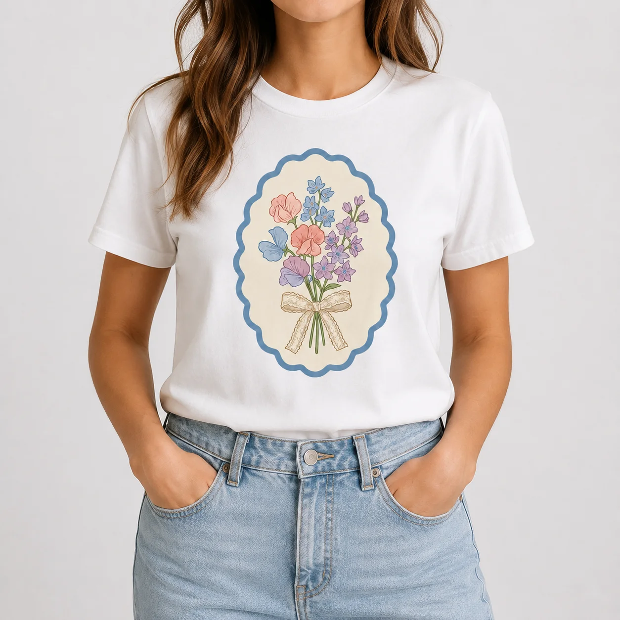 1Pc 100% Cotton T-Shirt Mixed Flower Bouquet Lace Bow Scalloped Frame Graphic Print Coquette Casual Daily Tops For Women