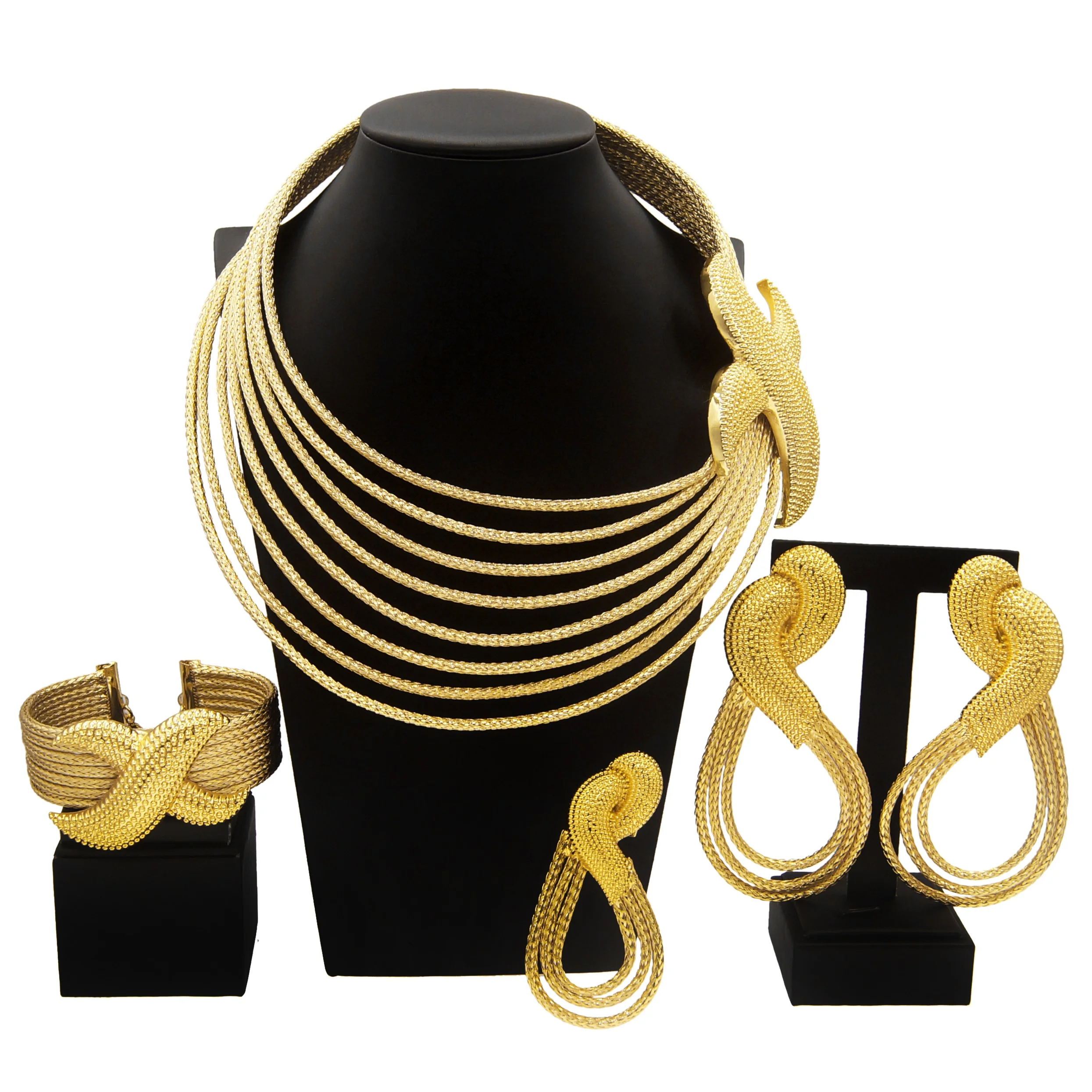 Yulaili Brazilian Fashion Jewelry Set Gold Plated Copper Ring Nigerian Ladies Party Evening Dress Earrings Bracelet Necklace