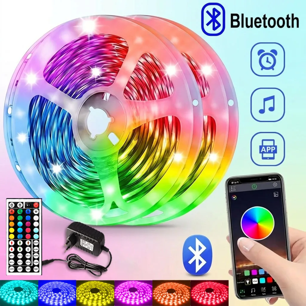 LED-Leuchten für das Schlafzimmer, farbwechselnde RGB-LED-Streifenlichter mit 44-Tasten-Fernbedienung und Bluetooth-App-Steuerung, musiksynchronisierte LED-Leuchten für Zimmer, Küche, Party,