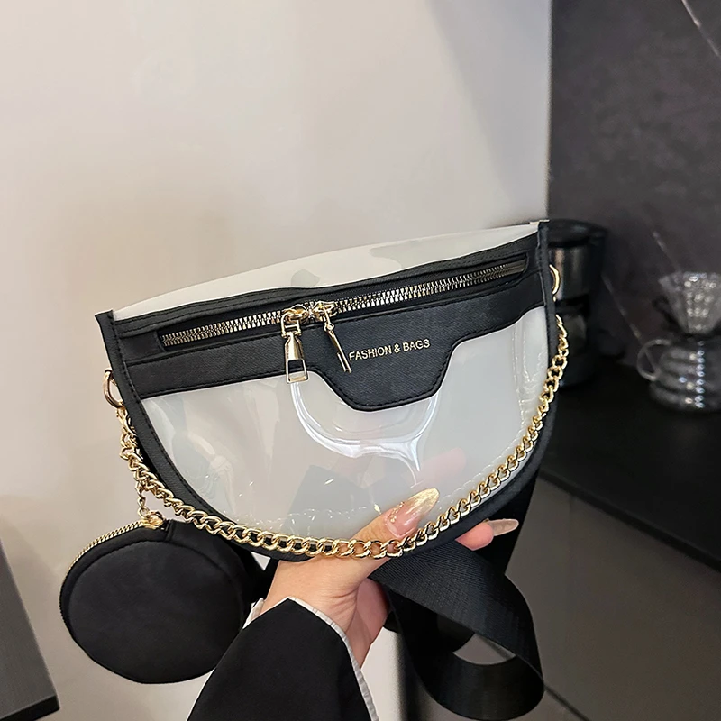 

Chain Waist Bag 2025 Summer Fashion Jelly Bag Handbag High Quality PVC + Pu Leather Handbag Casual Crossbody Chest Bag