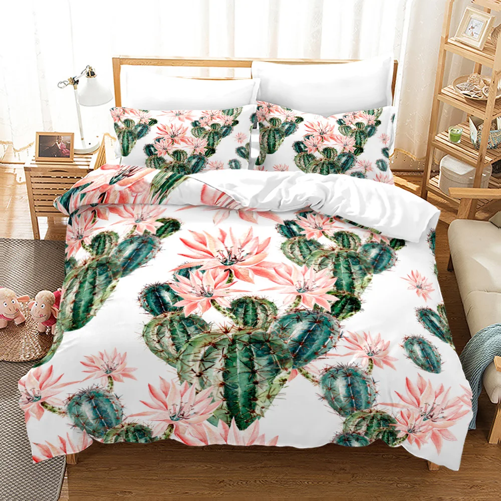 Flower Cactus Prickly Pear Print Bedding Set Green Plant Cartoon Duvet Cover Femme Bed Set Queen King Size Comforter Quilt Cover