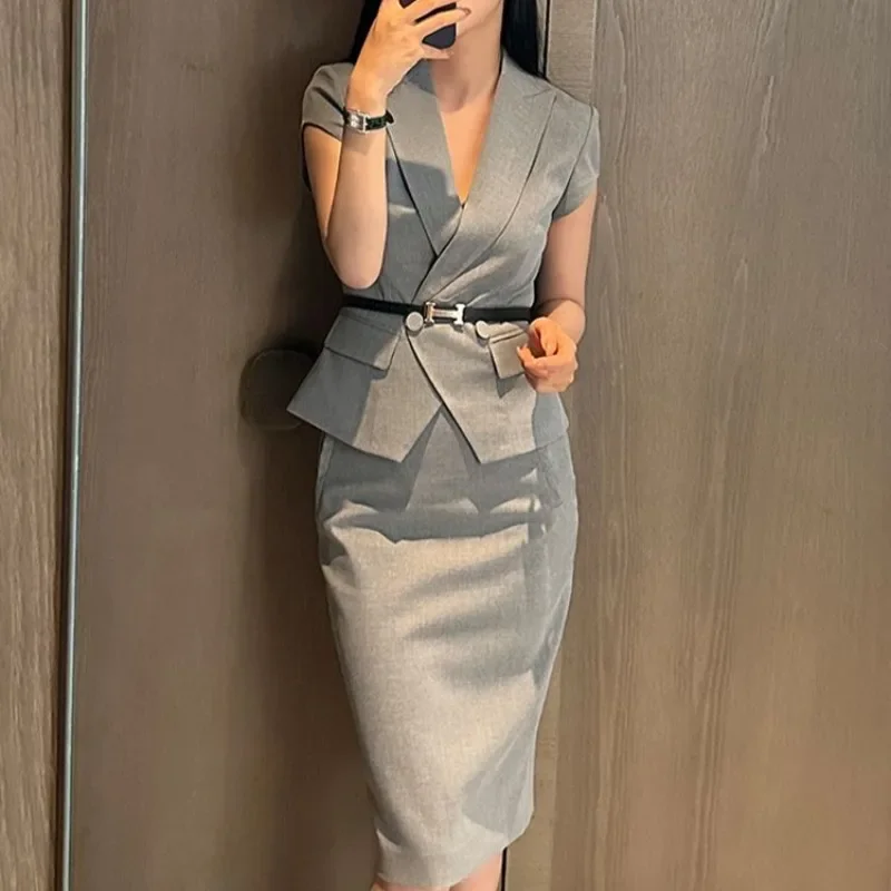 Office Short Sleeve Slim Fit Sexy Suits Female Outfits Skirt Women's Two Piece Set Commuting Midi Light Grey Y2k Clothes Stylish