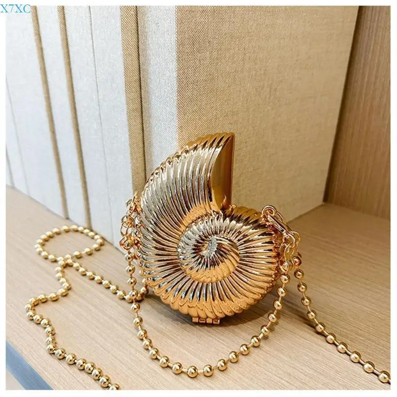 

X7XC Metallic Conch Evening Purse with Chain Strap for Women Shining Crossbody Shoulder Bag Lipstick Case Small Handbag