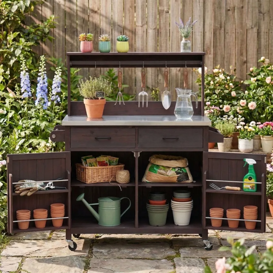 Outdoor kitchen island for BBQ and garden use, stainless steel top with solid wood construction, brown finish, high shelf, stor