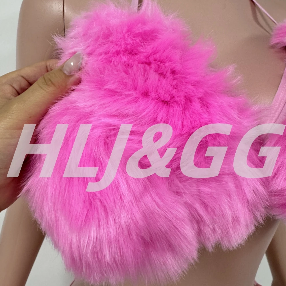 HLJ Sexy Fur Patchwork Two Piece Swimsuits Women Spaghetti Strap Bra Underwear Split Triangle Sexy Bikini Set Female Beachwear