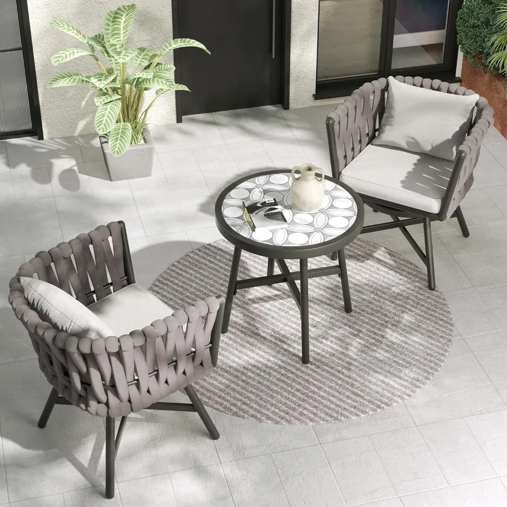 Dining Chair Set of 3, Swivel Rope Armchairs with Cushions and Round Side Table with Tile Tabletop, Balcony, Gray