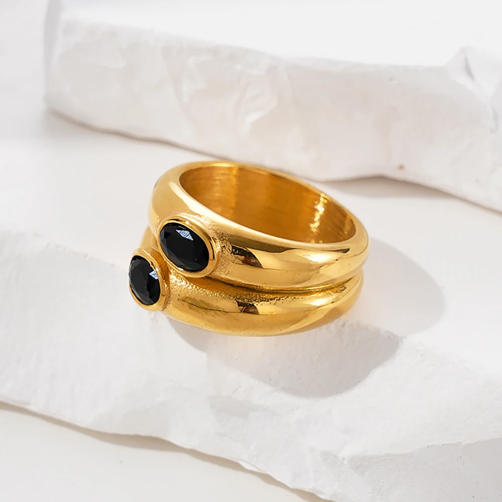 May@R1pc Vintage Stainless Steel Ring 14k Gold Plated Inlaid Zirconia White Emerald Or Black Match Daily Outfits Party Accessory