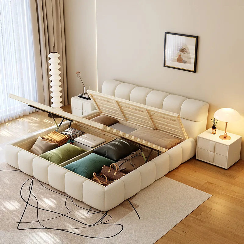Modern Simple Cream Cloth Bed with High Box Storage Italian Master Bedroom Soft Bag Puff Bed Double Bed with Wooden Frame