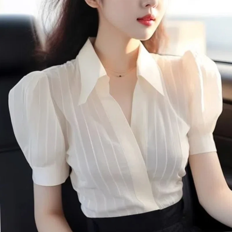 Fashion Sweet Summer New Blouses Solid Color Polo Collar Spliced Striped Button Short Sleeve Loose Korean Commute Women's Shirts