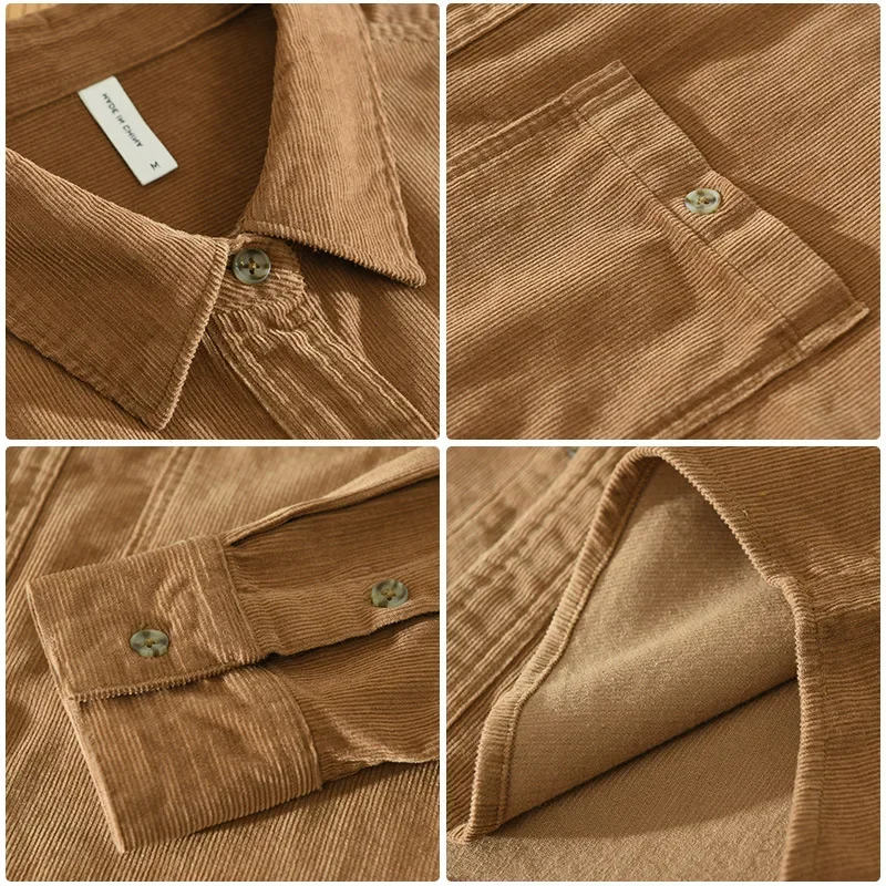 

Японская винтажная рубашка с длинным рукавом, мужские осенние повседневные повседневные рубашки с карманами и лацканами, вельветовые мужские рубашки из чистого хлопка, топы высокого качества