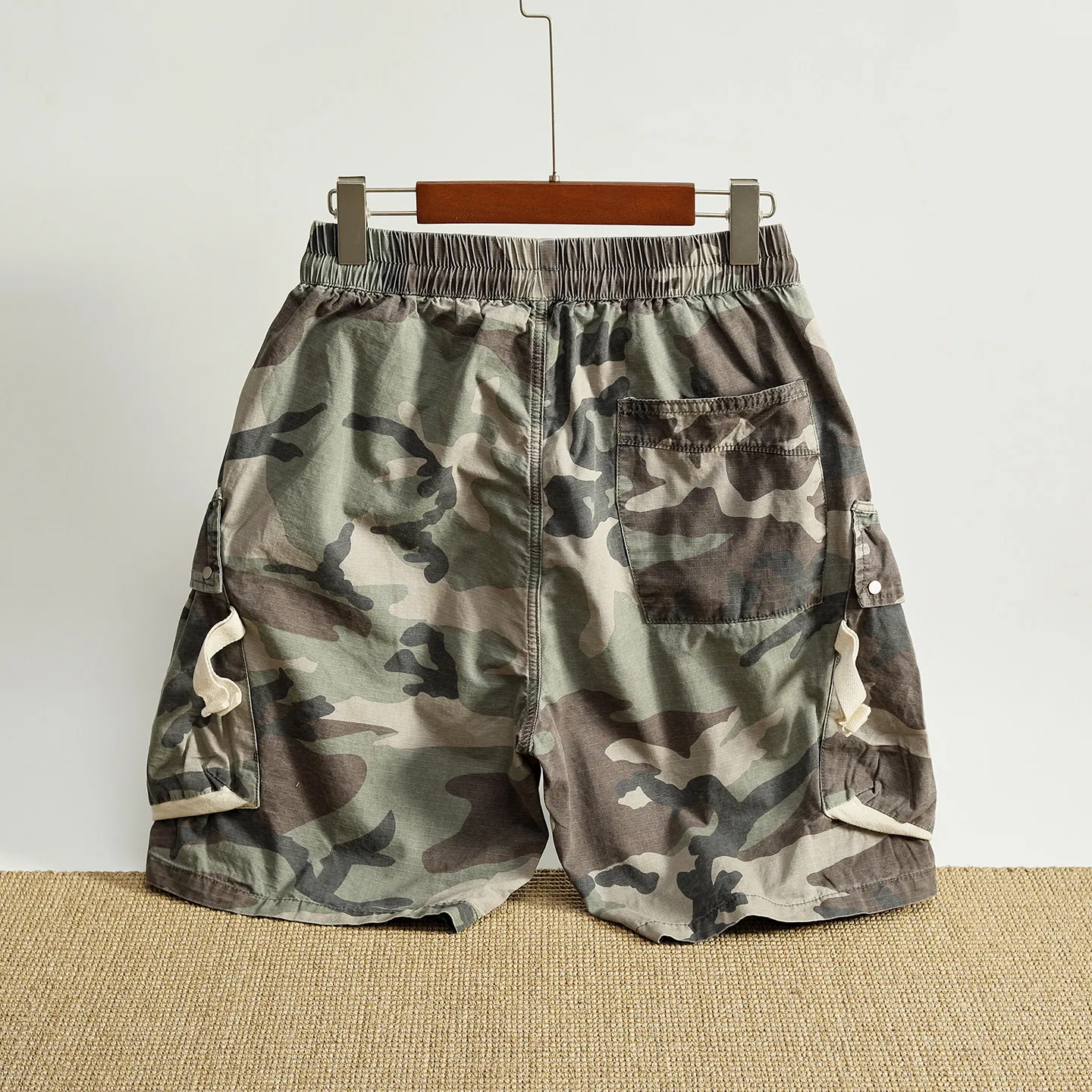2026 Summer New American Retro Elastic Waist Camouflage Cargo Shorts Men's 100% Cotton Washed Multi-pocket Casual 5-point Pants