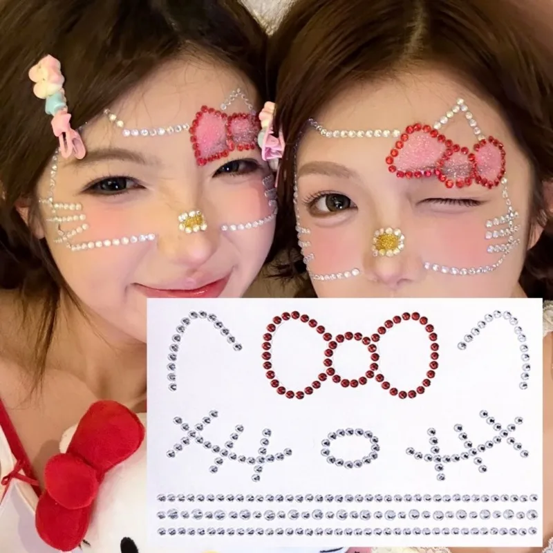 Sweet Anime Kawaii Ins Fashion Hello Kitty Face Stickers Cute Handmade Diy Christmas Makeup Acrylic Flash Diamond Stickers Gifts