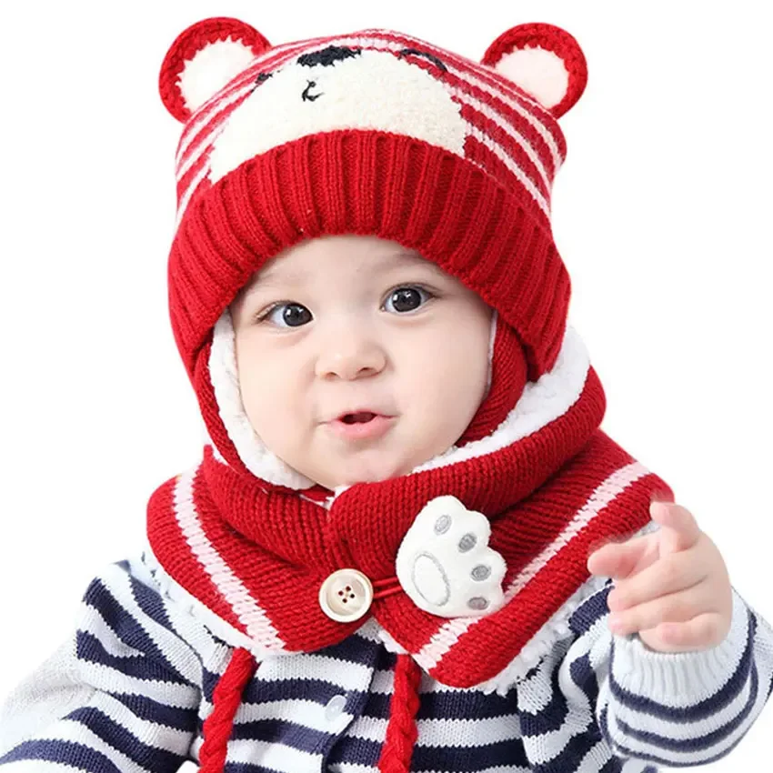 Unisex Kids Cartoon Bear Stripe Hats And Scarf Baby Cap Set Girl Boy Cap Scarf Set Child Winter Earmuffs Hat Scarf Warm Suit