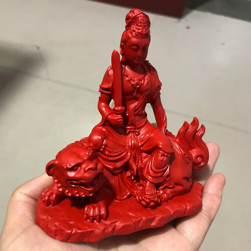 Natural cinnabar natal year Manjushri Natal Buddha Lion Bodhisattva sits on the table and is guarded by the Zodiac Rabbit