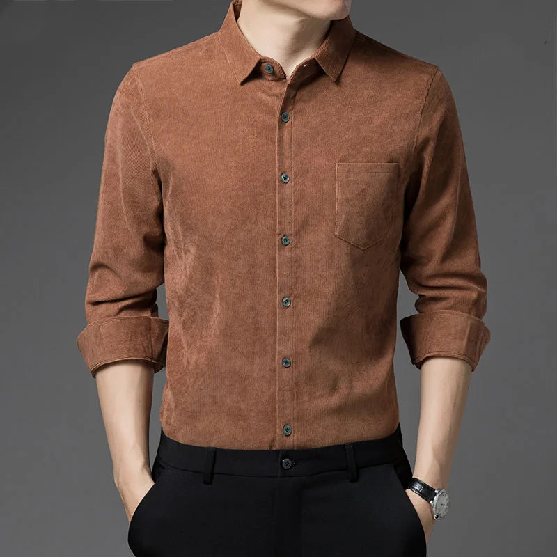 

2026 New Spring and Autumn Leisure Business Fashion Loose Oversize Thickened Non Ironing Polo Collar Solid Men's Corduroy Shirt