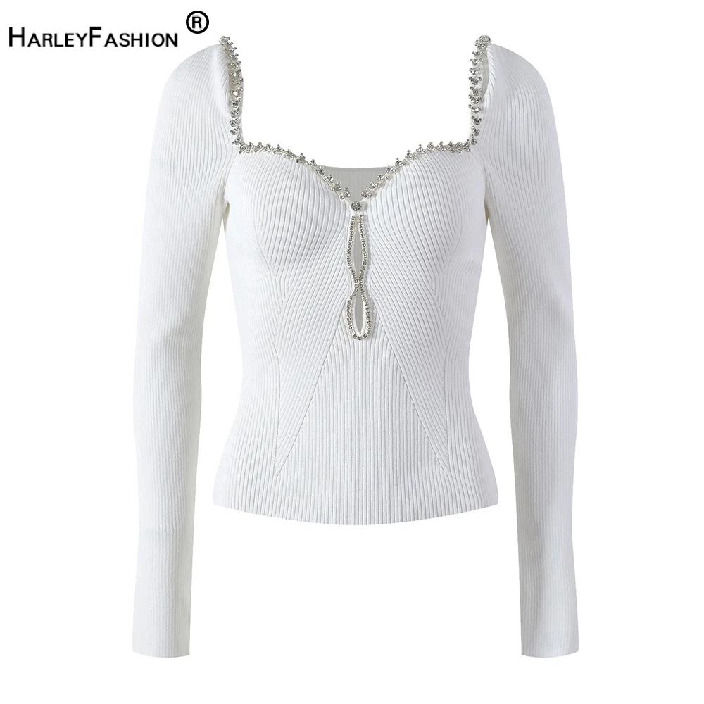 Unique Design Heart Stones Collar Long Sleeve Black/White Street Women Knitted Slim Sweater Tops