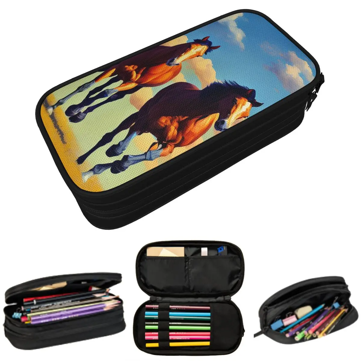 

Running Horse And Equestrian Pencil Case for Kids Gifts Pen Box Pencil Bag Stationery Supplies Pen Holder Bag