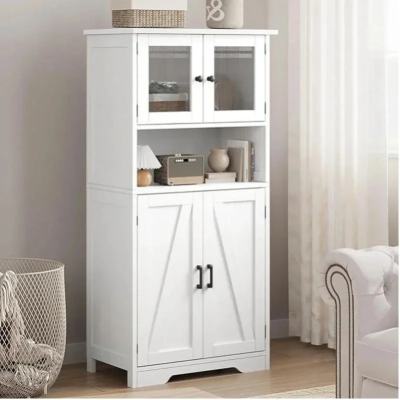 130 cm hoher Badezimmerschrank mit 4 Türen und 4 Fächern, freistehender Schrank mit verstellbarem Regal, Mehrzweckmöbel für Badezimmer, Wohnzimmer, Küche und Esszimmer