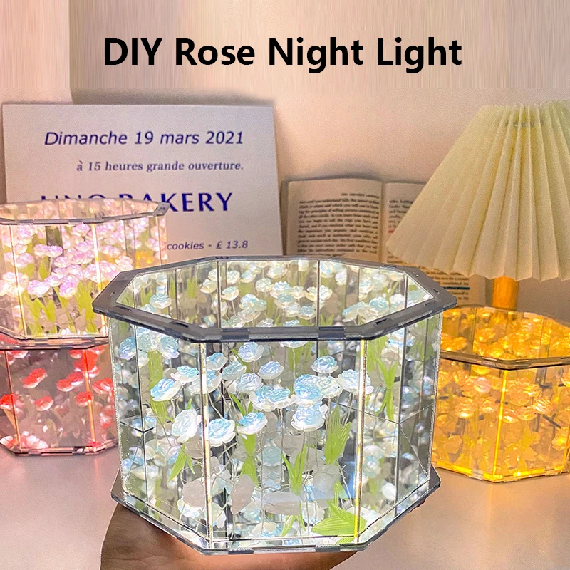 DIY Tulip Mirror Cube Lamp Simulation Flower Bedroom Sleeping Table Lamp Handmade Craft Tulips Mirror Night Light Birthday Gift