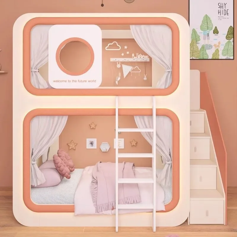 Solid Wood Space Capsule Bunk Bed for Kids High Low Bed Mother Child Bed Boys Girls Princess Style Two Tier Sleeping