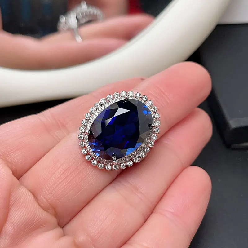 Dazzling Man Made Sapphire 925 Silver Ring 13mm*18mm Lab Created Crystal Ring 18K Gold Plated Gemstone Jewelry