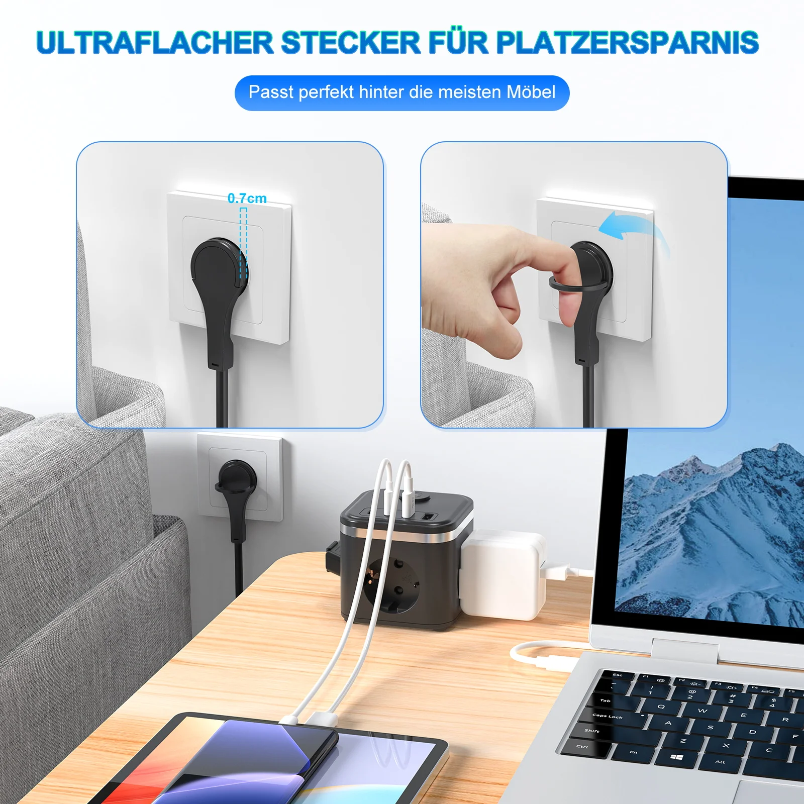 3680W EU Flat Plug Power Strip Cube z 3 gniazdami AC 2 USB 2 Type C Szybkie ładowanie Adapter gniazda ściennego, kabel 2M do domu