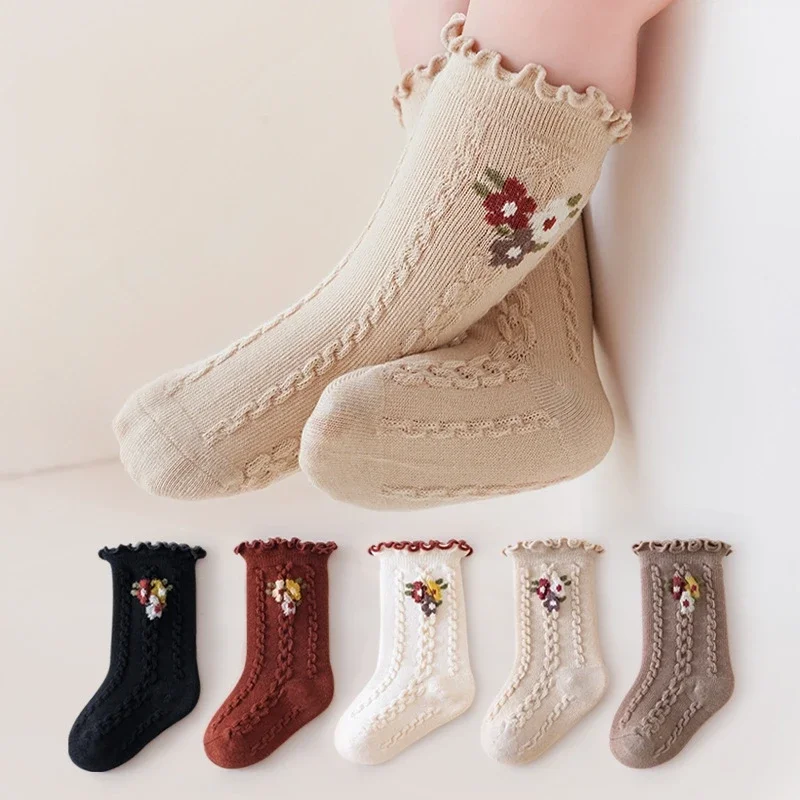 Spring Autumn Children Girls Flower Socks School Student Uniform Mid Calf Long Sock Baby Kids Princess Middle Tube Stockings