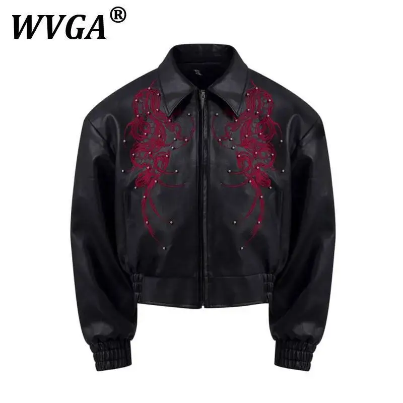 

WVGA Spring Autumn New Man Embroidery Trendy Long Sleeve Leather Jacket Beaded Oversized Niche Chic Casual Short Coats Ins W9181