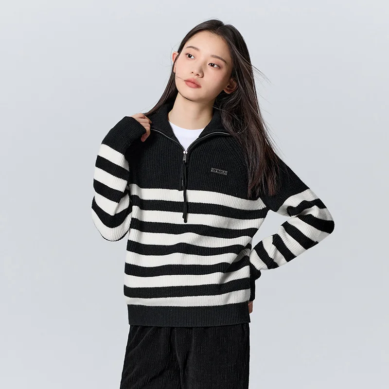 Semir Sweater Women Striped Raglan Sleeves Loose Temperament Commuting Winter Casual Style Bottoming Shirt