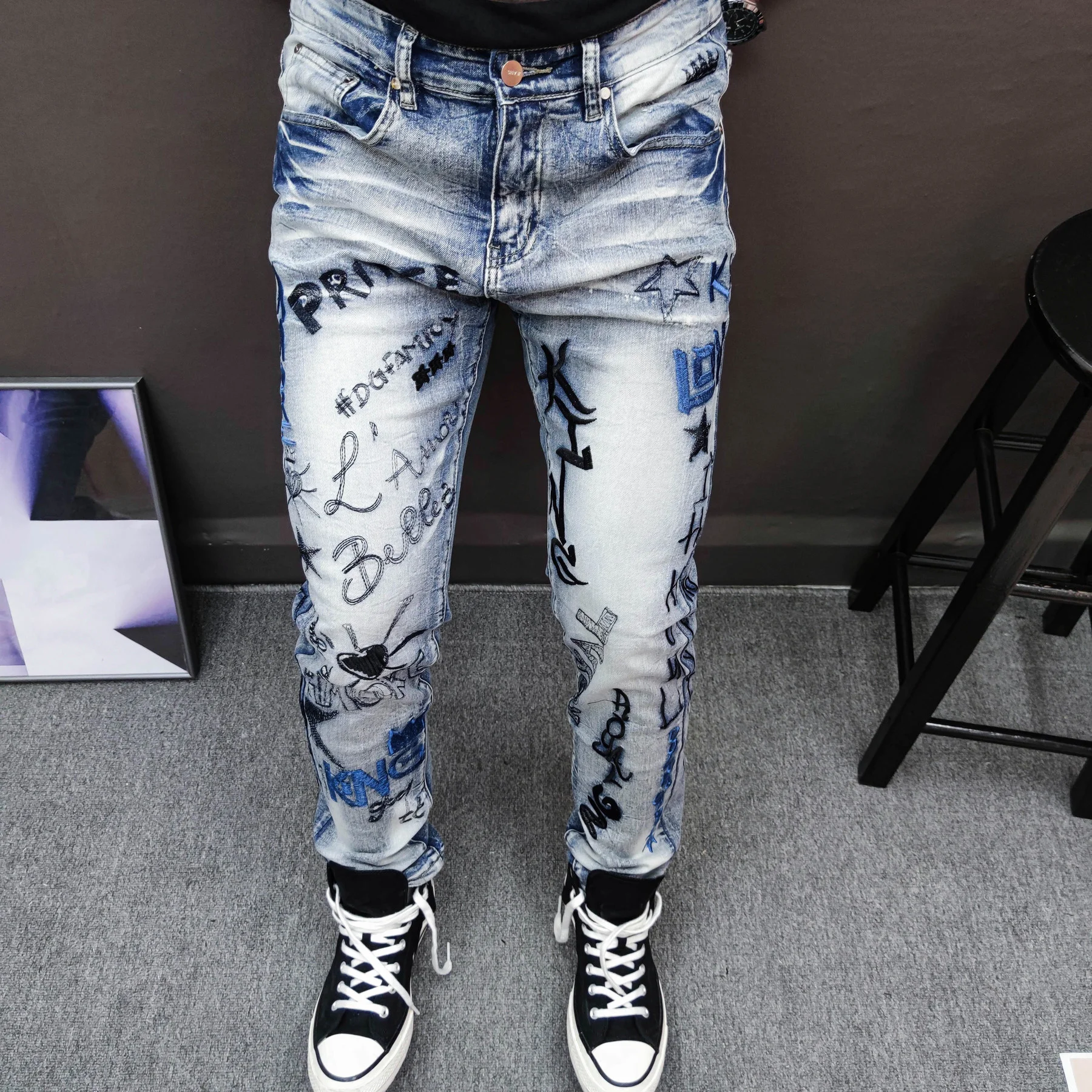 

Embroidery Jean Homme Full Slim Elastic Beggar Pant Men Blue Jean Moda Hombre 2023 Men Fashion Brand Straight Erkek Kot Pantolon