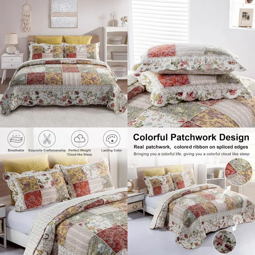 

Queen Size Patchwork Quilt Set - 100% Cotton Reversible Red Multicolor Quilt with Pillow Shams