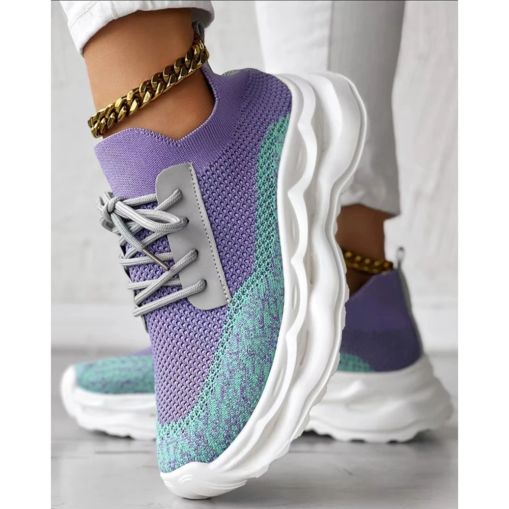Women Colorblock Lace-up Breathable Sneakers Spring Autumn Round Toe Platform Sports Casual Shoes Going Out Korean Style