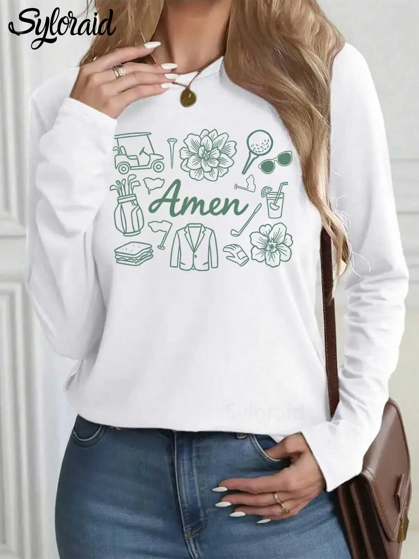 レディース長袖TシャツマスターズゴルフアメンTシャツアザレアピンクゴルフトーナメントティーファッションラウンドネックカジュアルトップ