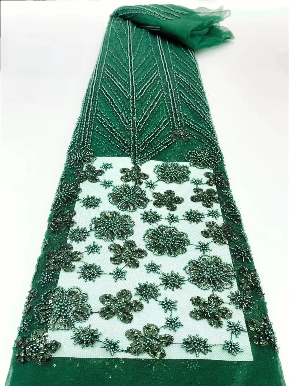 Green African Lace Fabric for Wedding Dress, Luxury French Sequins, Mesh Lace Fabric,High-end Handmade Beaded, Latest DesigW91-1