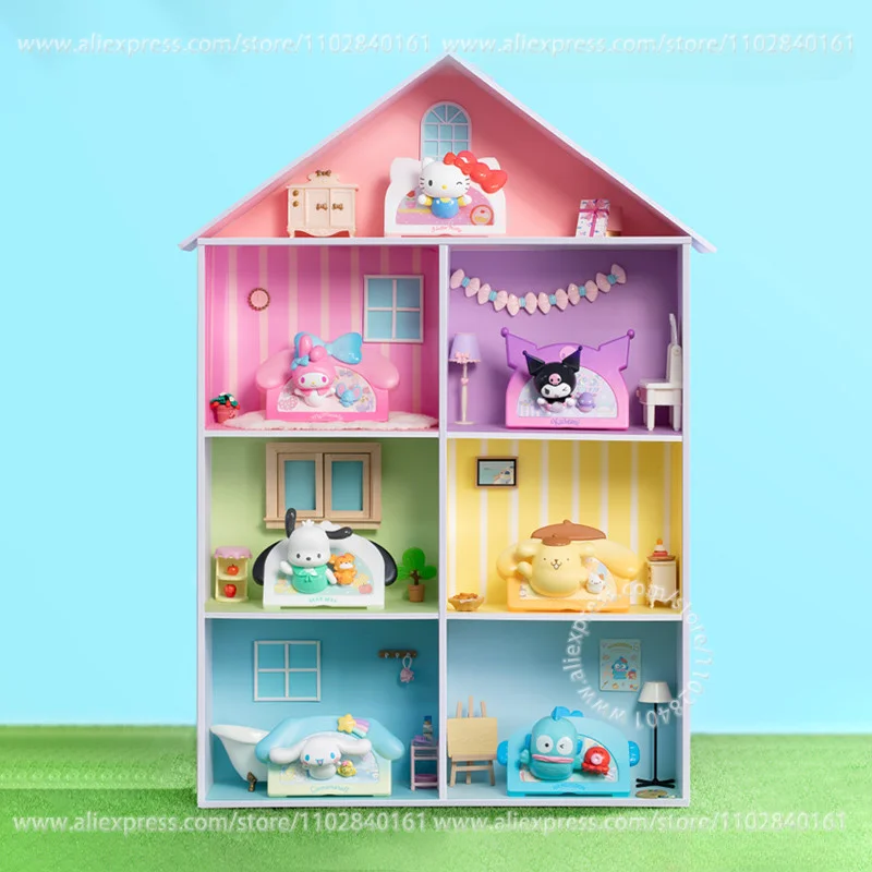 MINISO Blind Box Sanrio Family Series Cabin Refrigerator Magnet Cartoon Toy Hand Model Cute Peripherals Hello Kitty My Melody