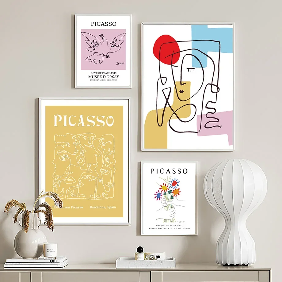 Frameless canvas paintings,Picasso Exhibition Wall Art Print Abstract Vintage Line Face Body Bird Canvas Painting Poster Picture