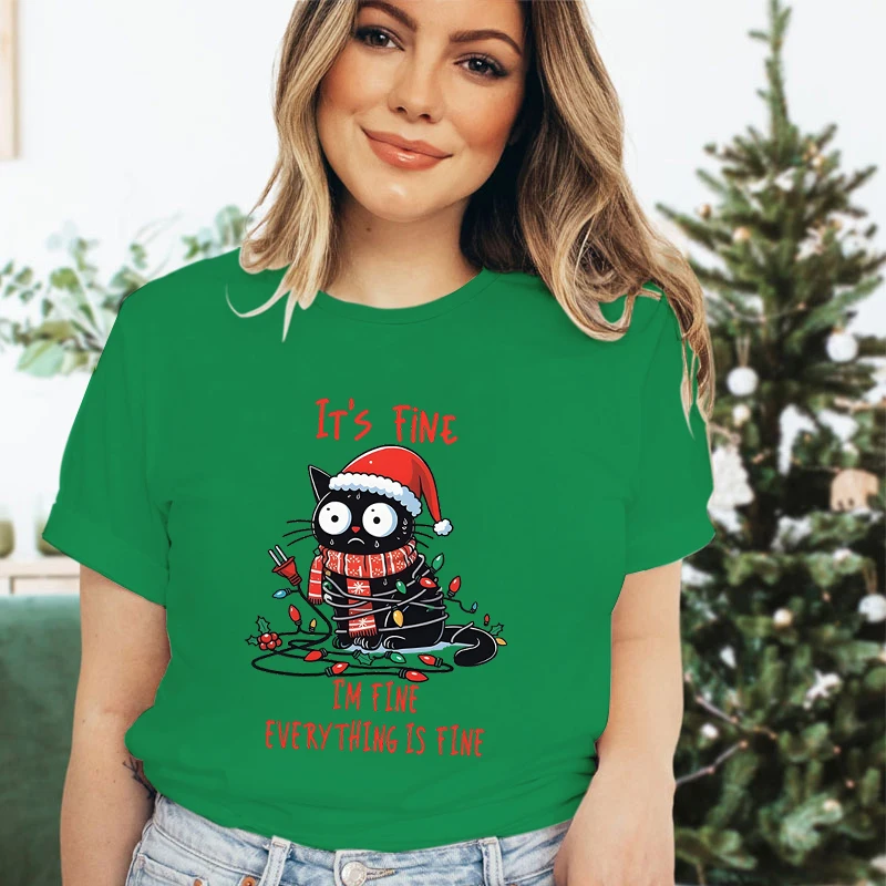 Mode Weihnachten Katze Lichter T-shirt Frauen It's Fine I'm Fine Everything Is Fine Print Tops Lustige Katze Weihnachten Party T-shirts