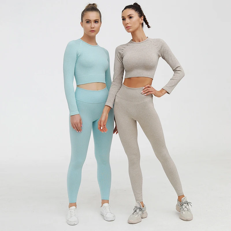 Women's Sportswear Workout Clothes Athletic Wear Yoga Set Seamless Gym Legging Fitness Bra Crop Top Long Sleeve Sports Suits