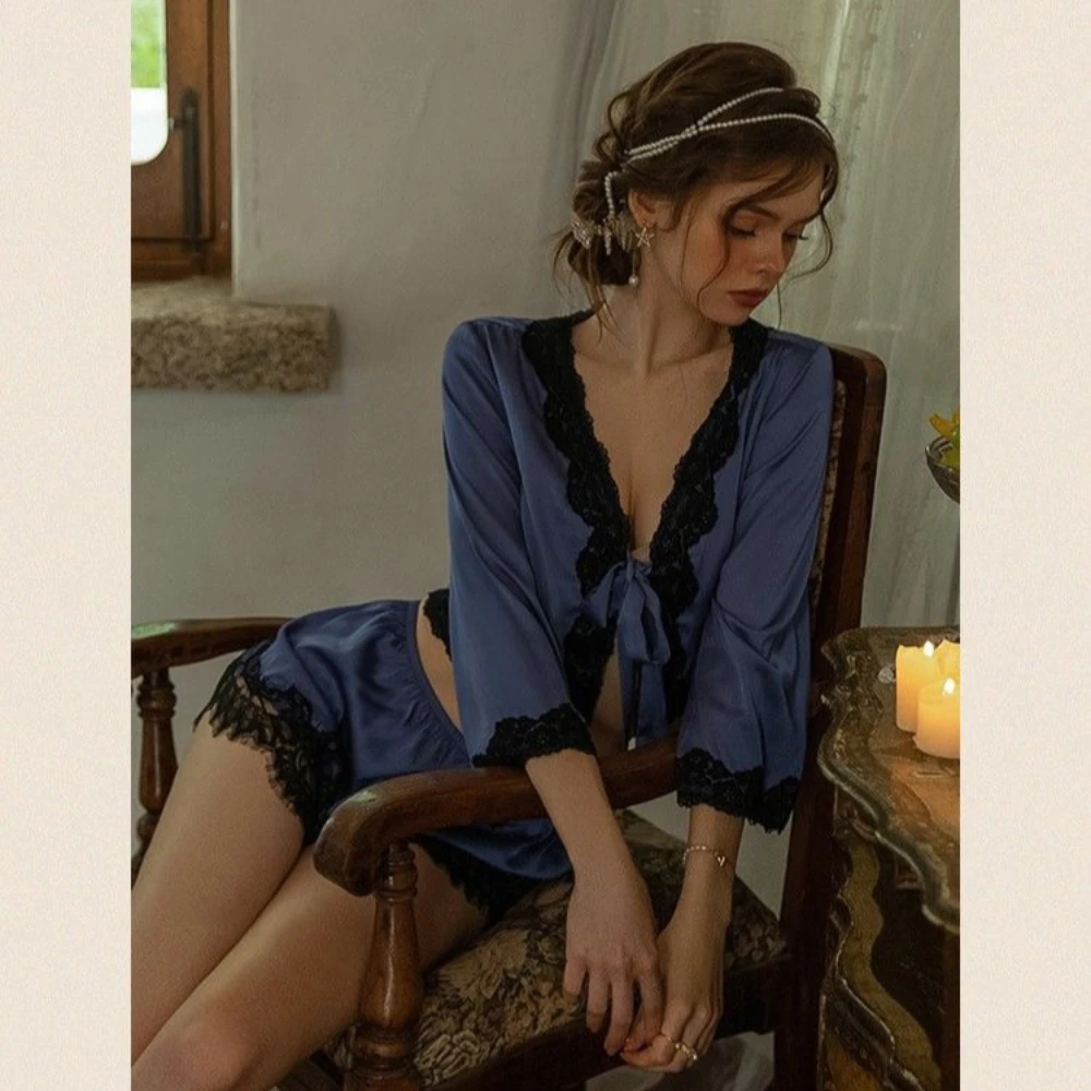 Ensemble de pyjama en dentelle de satin de luxe pour femmes-Nœud à col en V à manches mi-longues et shorts deux pièces, vintage élégant sexy vêtements de chambre printemps automne