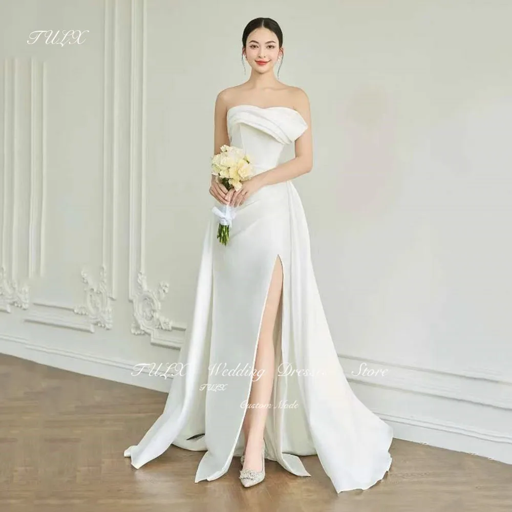 

TULX Strapless Satin Wedding Dress Photoshoot Bridal Gown Mermaid Long Slit Elegant Evening Party Detachable Train Corset/Zip