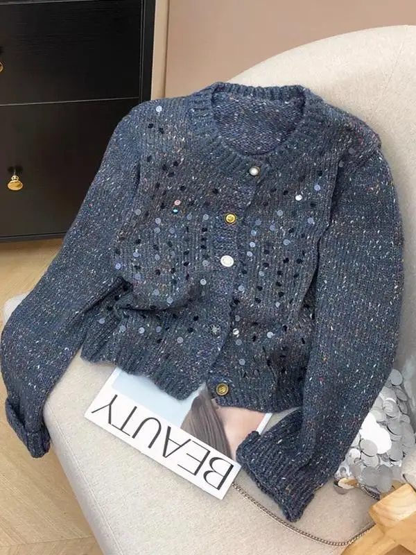 

Ele Blue Knitted Sweater Coat Women's Spring Autumn Heavy Embelliment Single Button Small Fraance Sle Open Cardigan