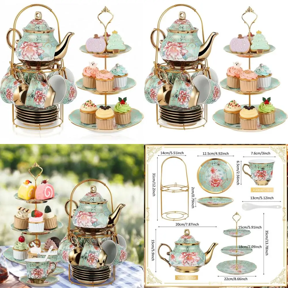 

Adult European Floral Tea Party Set with Metal Holder, 3-Tier Ceramic Stand, Porcelain Cups, Teapot, and Dessert Accessories