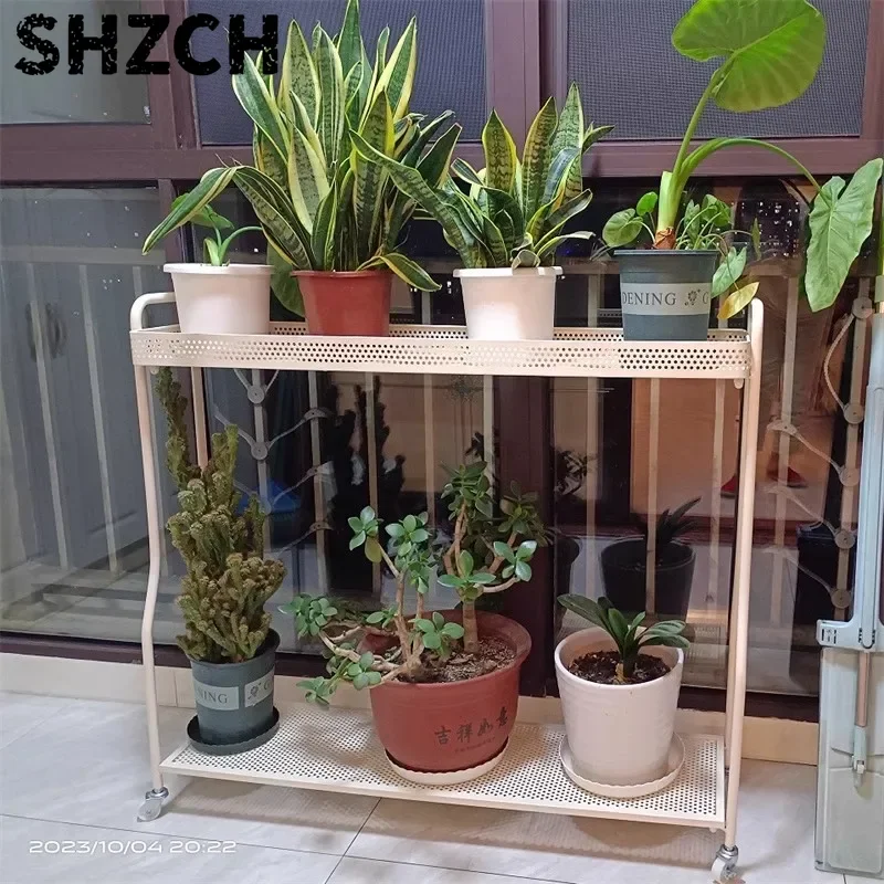 Cream Wind Moving Edge Several Meat Flower Stand Shelf Balcony Wrought Iron Flower Rack Living Room Floor Double Layer