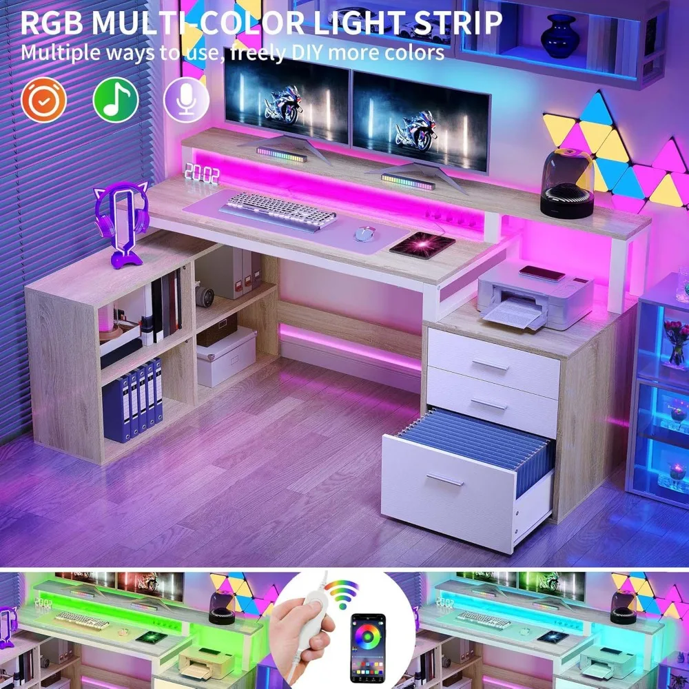 Corner L-Shaped Desk with Storage, 65 Computer Desk featuring Power Outlets and LED Lighting for Home Office