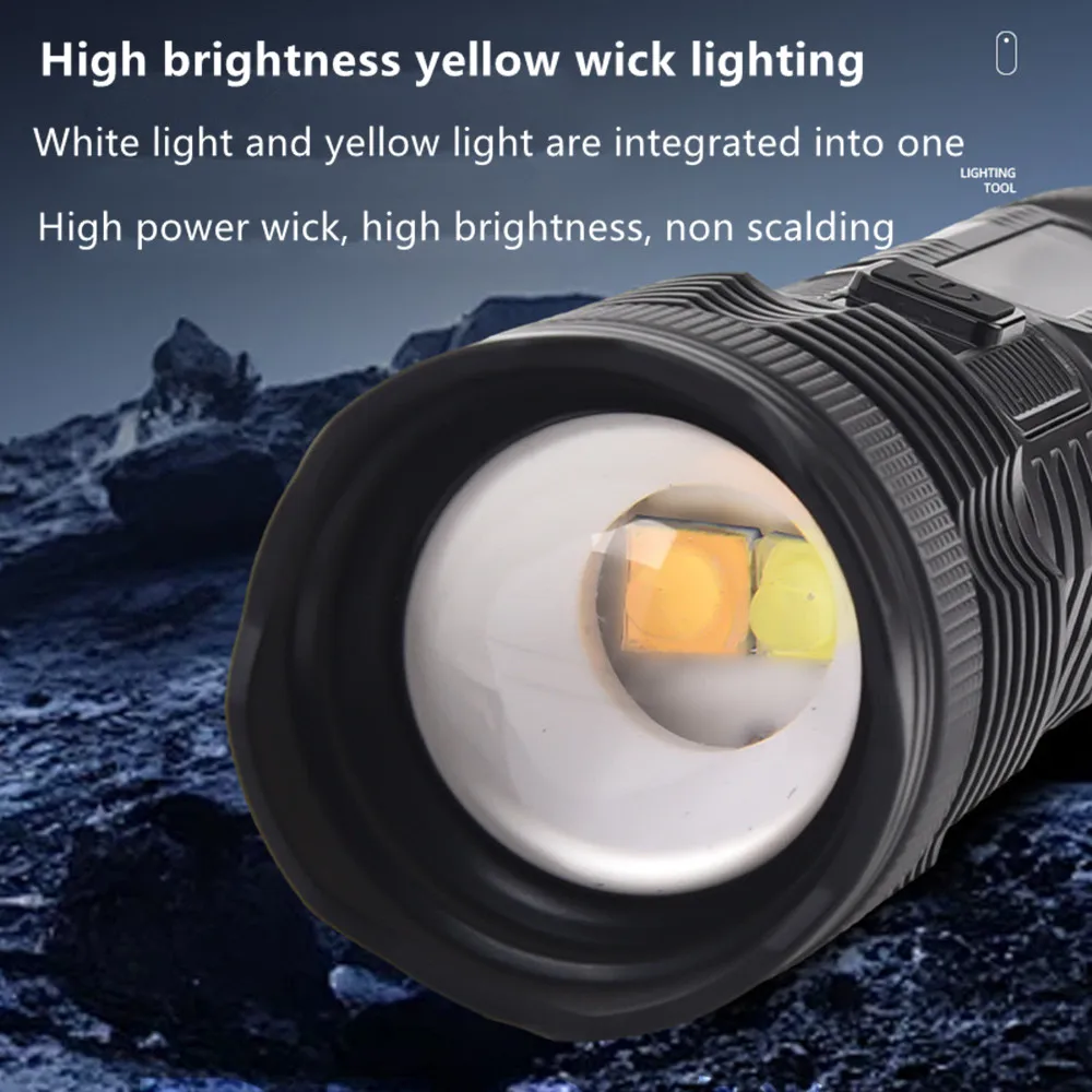 High Power Strong Flashlight Double White Light Yellow Light Telescoping Zoom With Power Display USB Charging Camping Torch